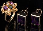 Ladies 14K Yellow Gold Amethyst, Sapphire and Diamond Ring with Matching Amethyst Earrings - 2