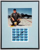 Chuck Yeager: Fantastic Photo and Commemorative Stamp Block Presentation, Two Autographs