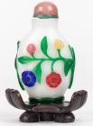 Exceptional Five Color Glass Overlay Snuff Bottle with Tourmaline Top on Carved Stand