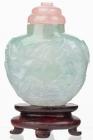 Exceptional and Elegant Carved Jade Snuff Bottle with Tourmaline Top