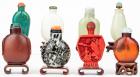 Collection of Eight Chinese Snuff Bottles Including One Exceptionally Carved Cinnabar