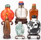 Collection of Six Chinese Snuff Bottles Including One Very Unsusual Fruit Form in Brown Hardstone and one in Jadeite