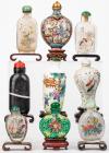 Collection of Nine Snuff Bottles Including One Boasting an Erotic Scene in Porcelain and One Small Rock Crystal Bottle