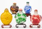 Wonderful Collection of Five Glass Snuff Bottles including Three With Vibrant, Individually Colored Glass Overlays