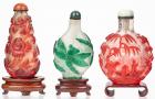 Three Outstanding and Lovely Carved Glass Overlay Snuff Bottles