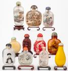 Large Collection of Eleven Glass Snuff Bottles Including Vintage Interior Painted Bottles