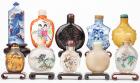 Collection of 10 Snuff Bottles Including Agate, Hardstone, Ceramic, Porcelain and Glass