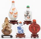 Collection of Five Chinese Snuff Bottles including one of Cinnabar and one of Beautiful Agate