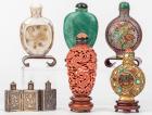 Collection of Six Beautiful and Unsual Snuff Bottles Including Green Stone and Mother of Pearl